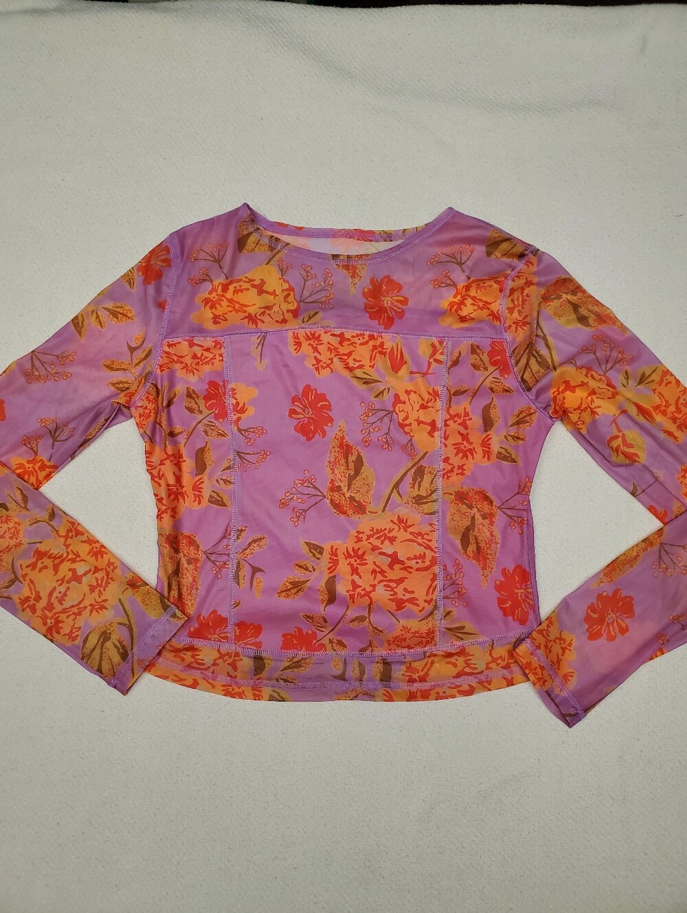 Floral Mesh Long Sleeve Top Purple Orange Large Sheer Y2K Festival